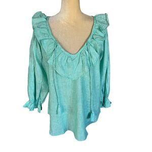 Mille Resort & Travel May Top Green Stripe Linen Ruffle NEW NWOT Size Medium